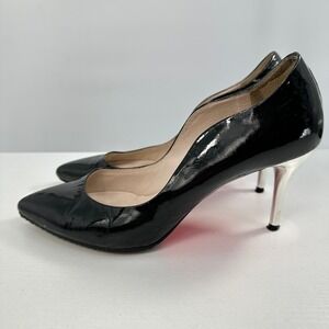Suecomma Bonnie‎ Y2K Tokyo Glam Black Patent Pumps 38 Chrome Heel Hot Pink Soles